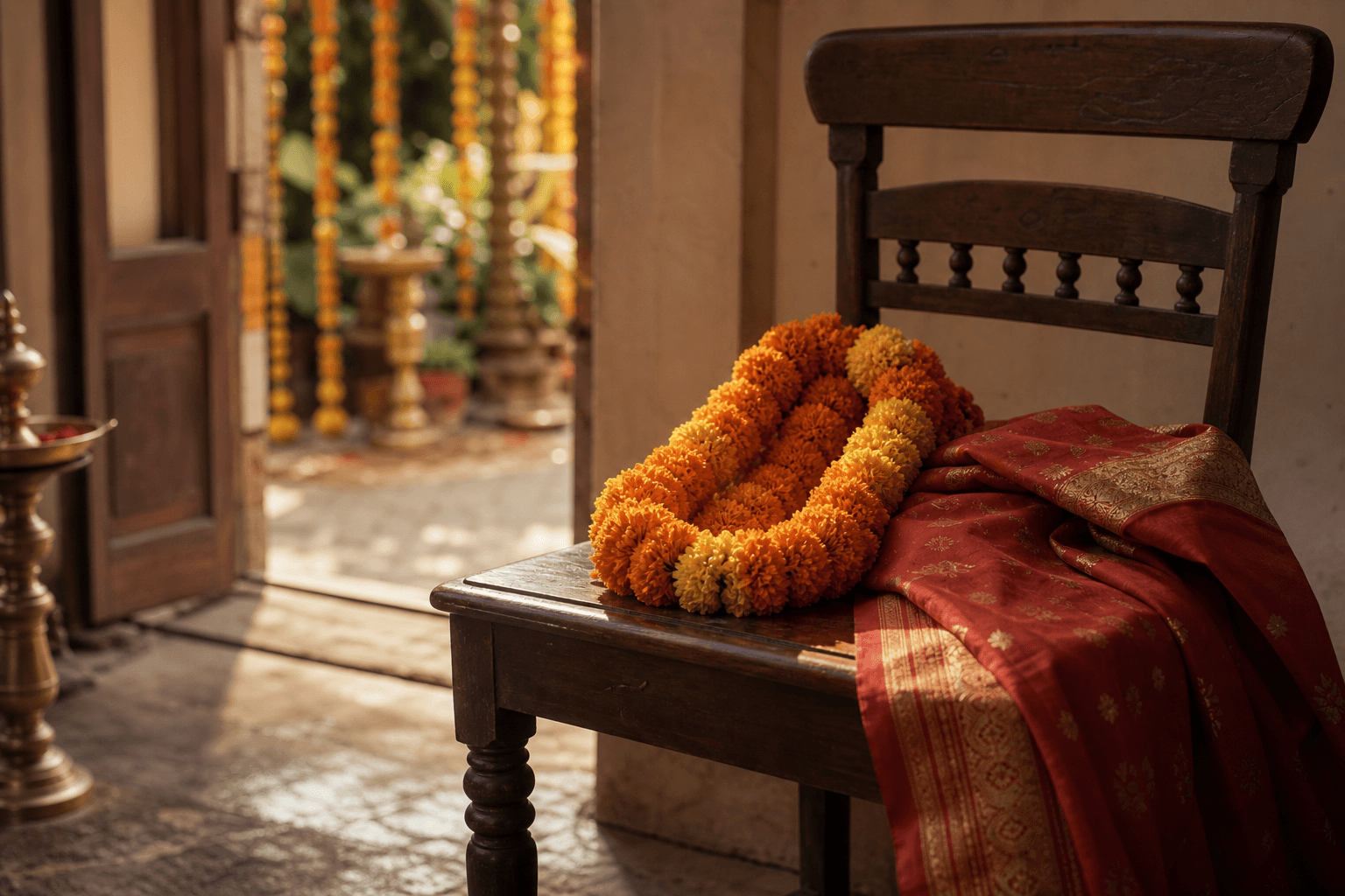 A marigold garland and a red sari on a wooden chair