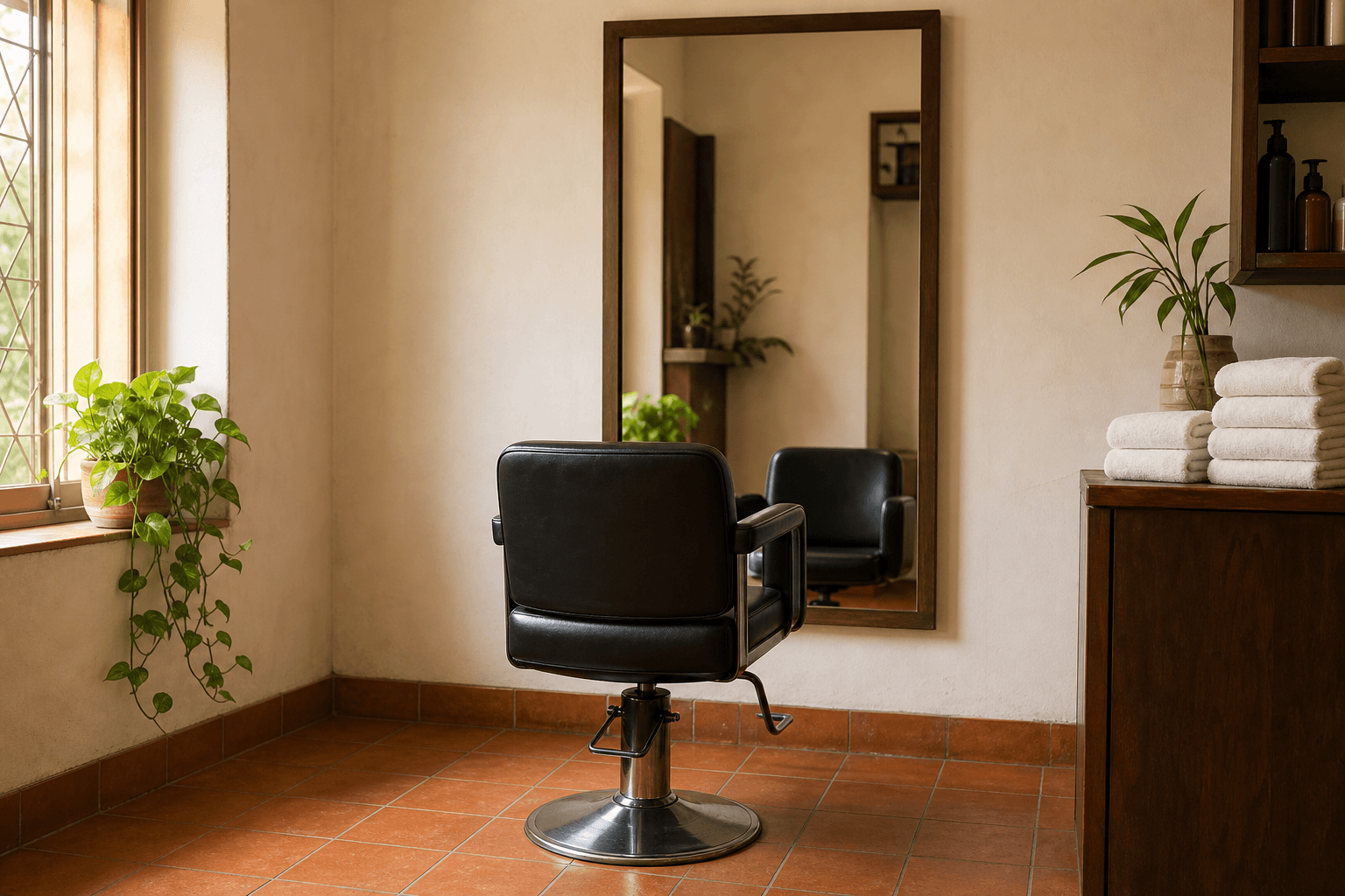 A small salon interior with one styling chair and a mirror