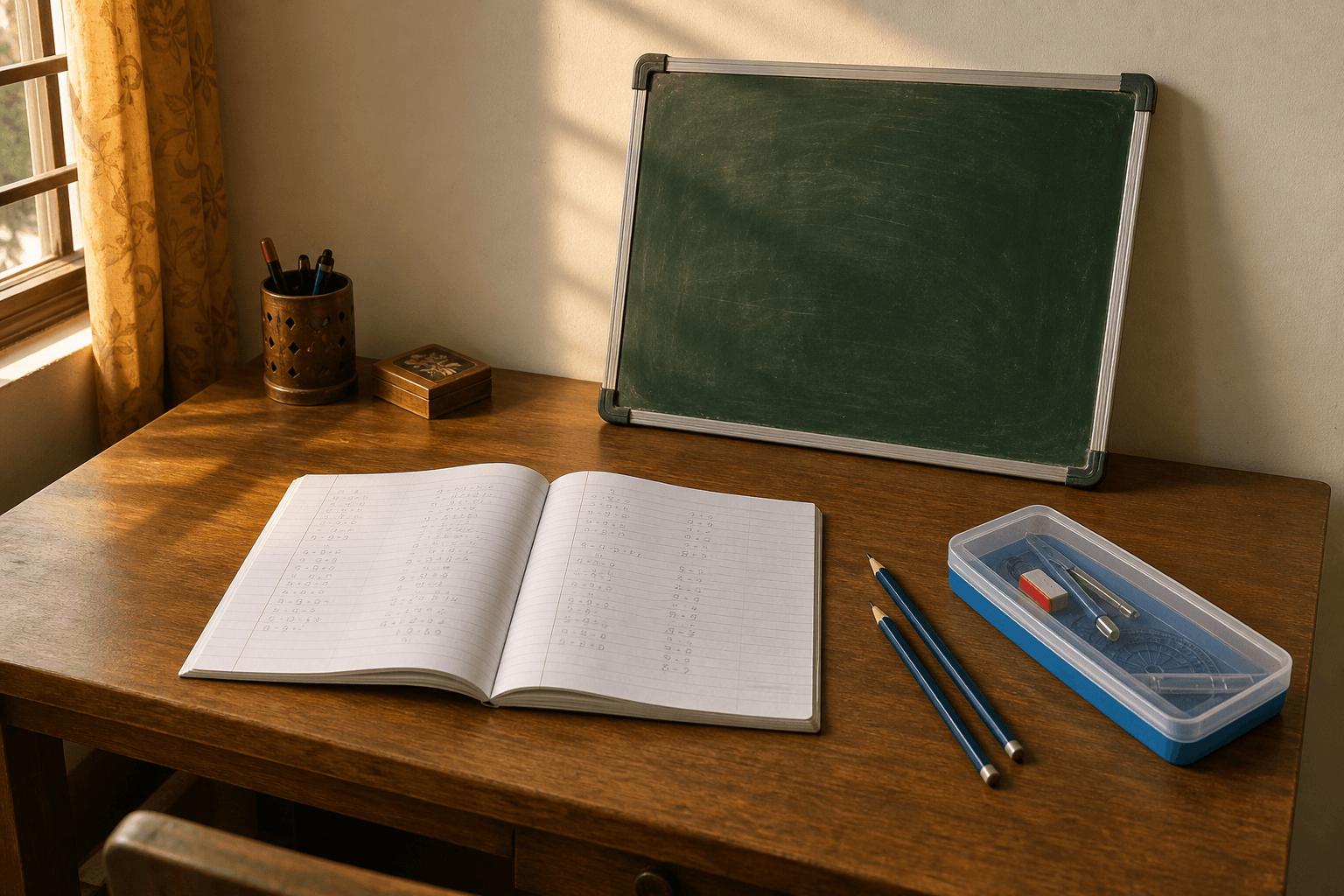 A study table with an open exercise book and a chalkboard